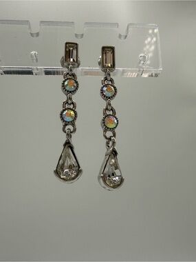 1960s Signed NAPIER Silver Tone AB Crystal Teardrop Dangle Earrings, Mid-Century